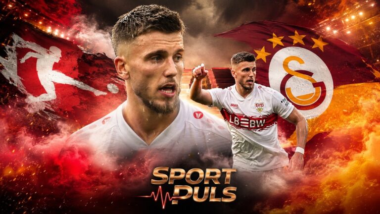 Ermedin Demirović u dresu Stuttgarta uz motive Galatasaraya na SPORT PULS naslovnoj grafici.