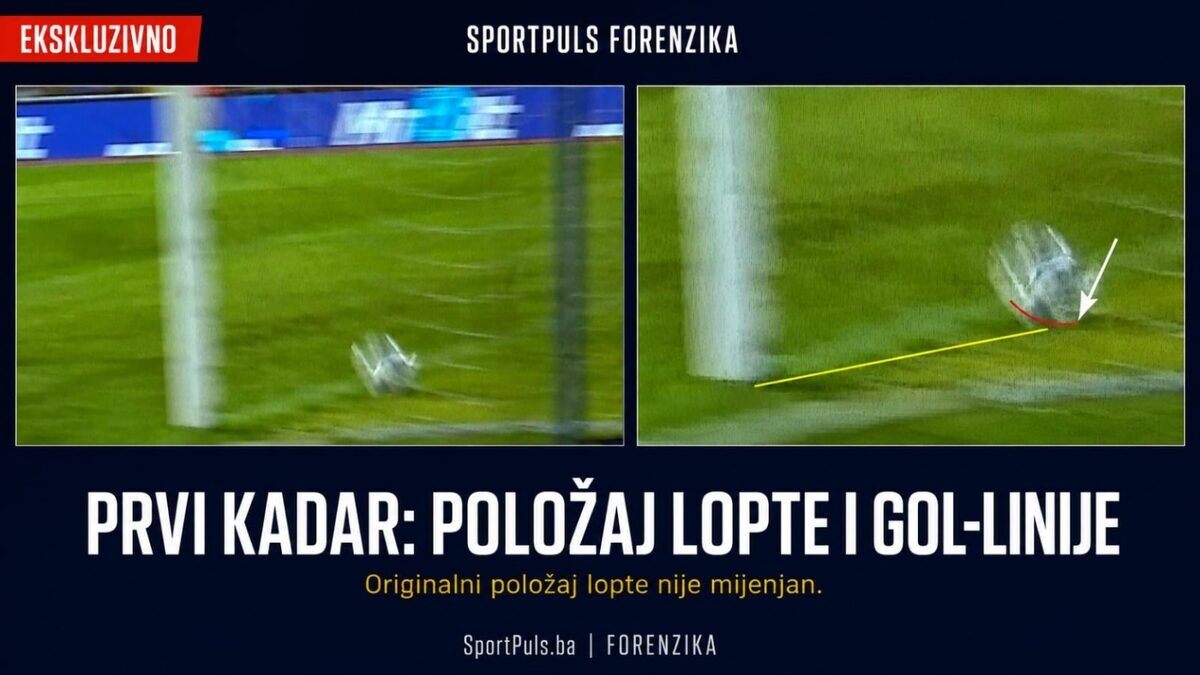 EKSKLUZIVNA ANALIZA SPORT PULSA: LOPTA PREŠLA GOL-LINIJU! GEDŽIĆ I JELIĆ DONIJELI ODLUKU KOJA BI MOGLA ZATRESTI SUĐENJE U BiH Prvi kadar položaj lopte i gol-linije Sloga Čelik